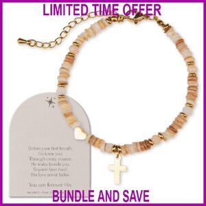 Natural Shell Beaded Bracelet with Cross Heart Charms Gold Plated Adjustable